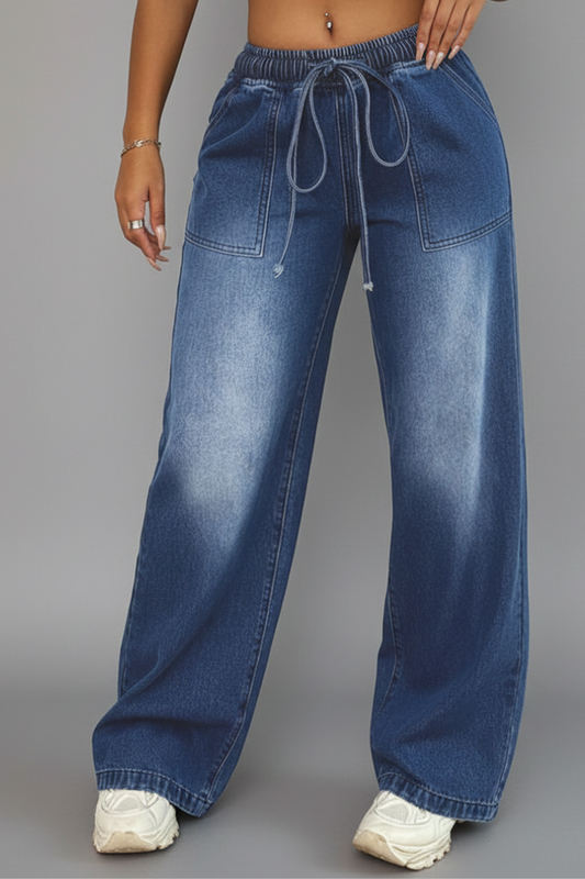 Katherine | Women’s Casual Wide-Leg Trousers with Drawstring Waist and Patch Pockets