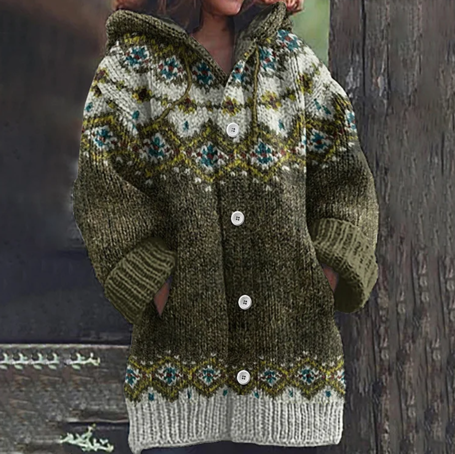 Karen | Women Fair Isle Hooded Knit Cardigan