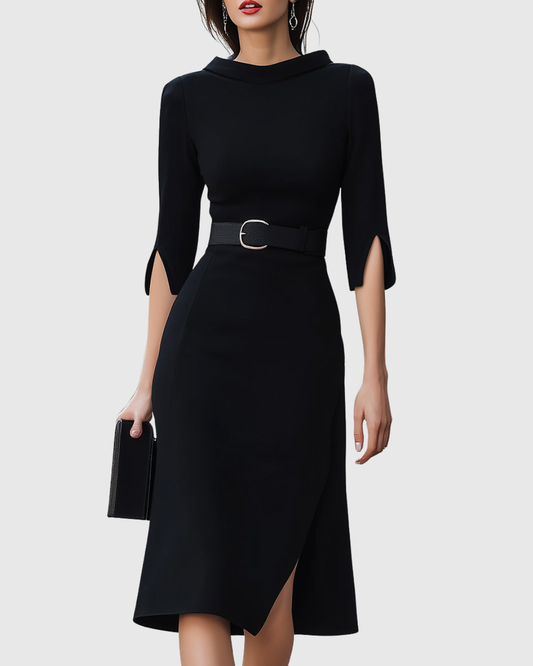 Abigail | Women Classic Black Belted Midi Dress