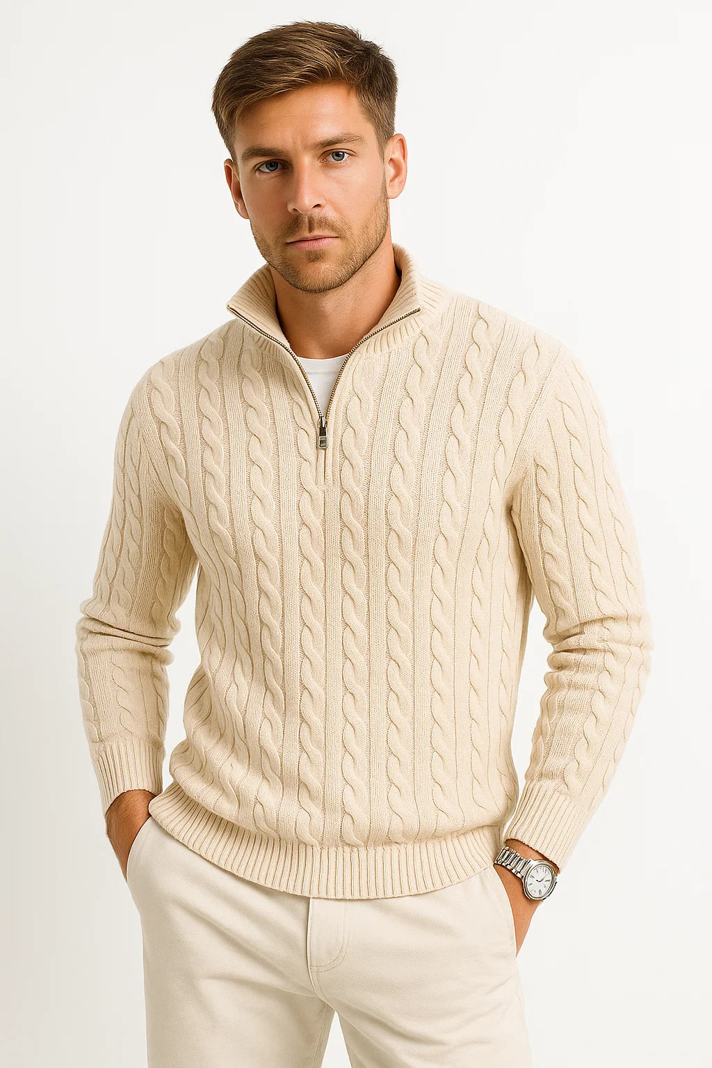 Matthew | Men’s Spring Zip-Neck Cable Knit Sweater