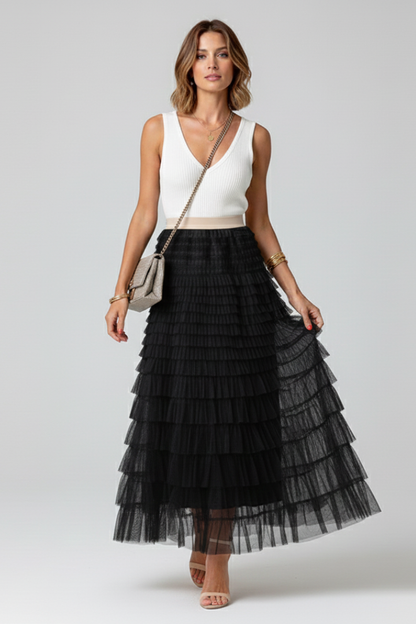 Olivia | Women’s Layered Tulle Midi Skirt with Elastic Waist