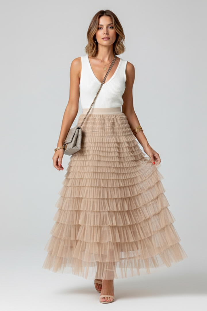 Olivia | Women’s Layered Tulle Midi Skirt with Elastic Waist