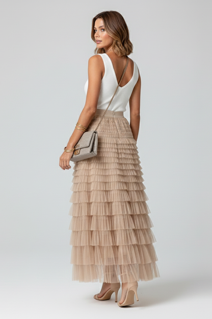 Olivia | Women’s Layered Tulle Midi Skirt with Elastic Waist