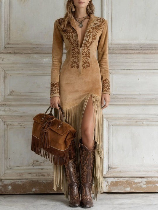Fiona | Women Long Sleeve Fringe Maxi Dress