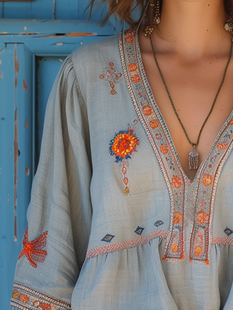 Lily | Women Bohemian Embroidered V Neck Blouse