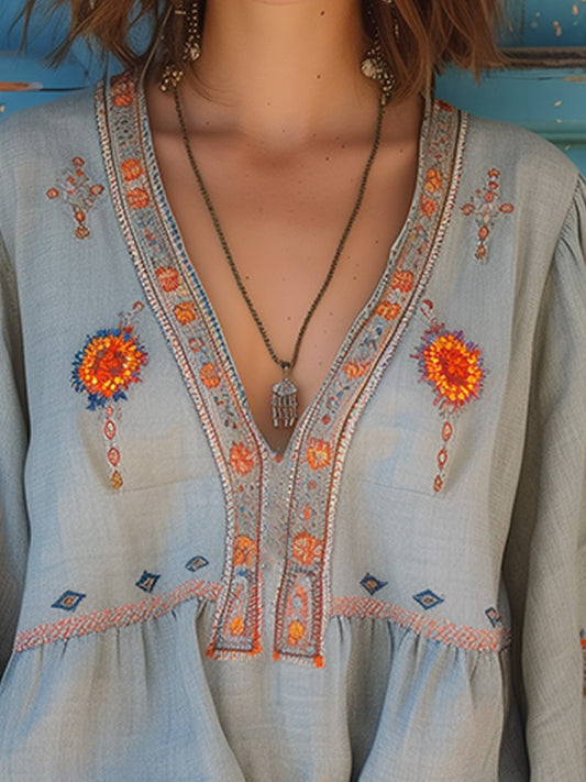 Lily | Women Bohemian Embroidered V Neck Blouse