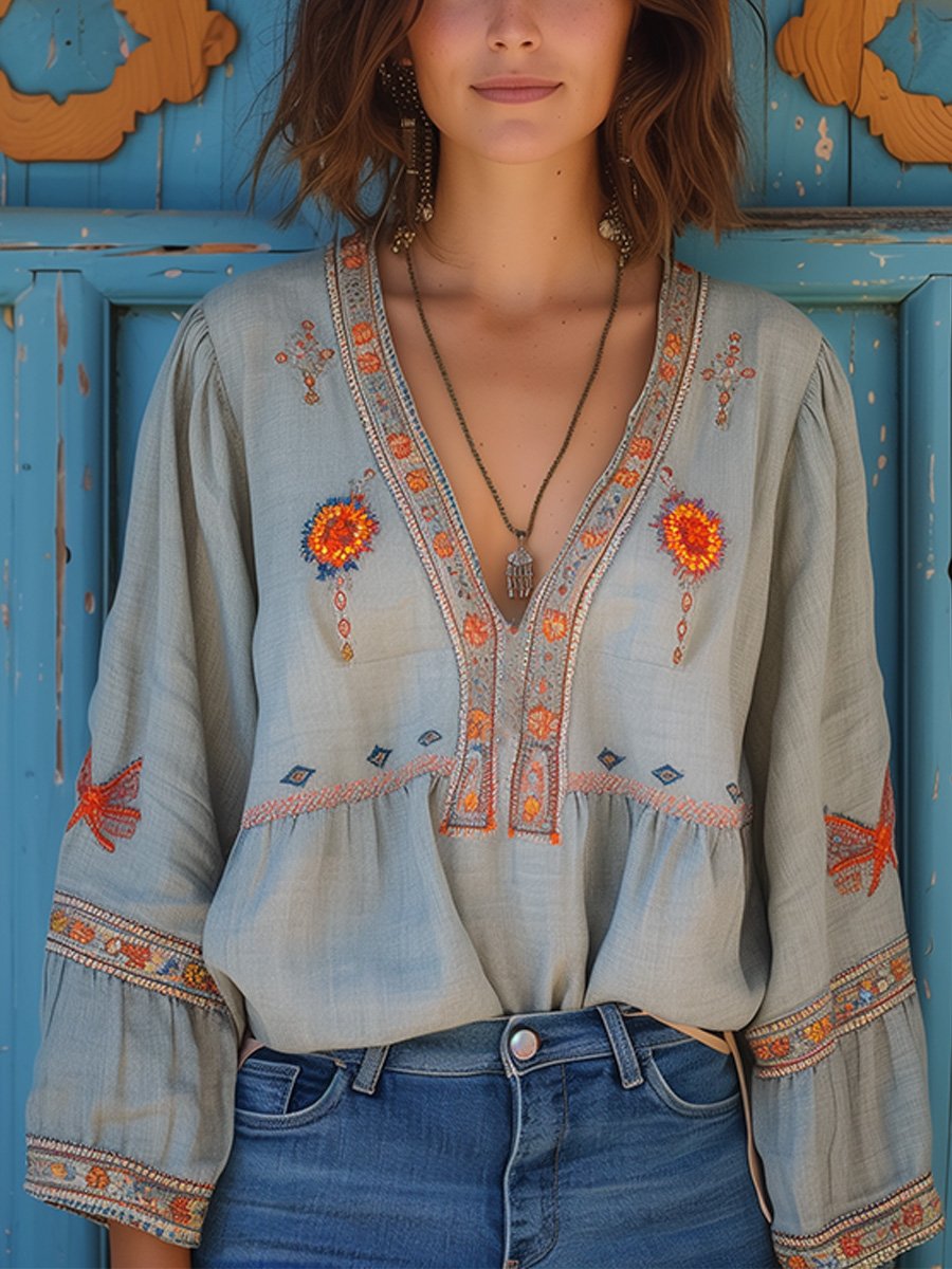 Lily | Women Bohemian Embroidered V Neck Blouse