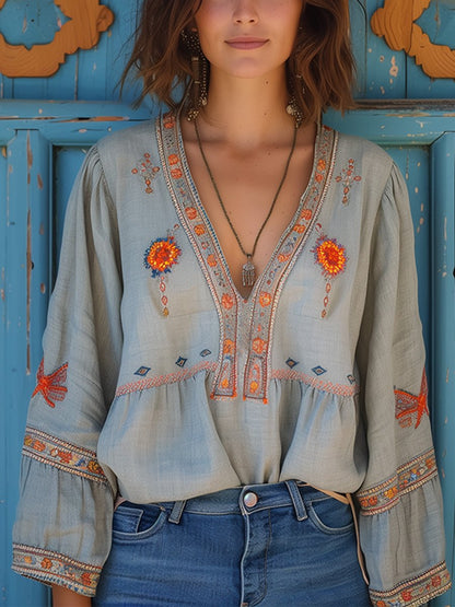 Lily | Women Bohemian Embroidered V Neck Blouse
