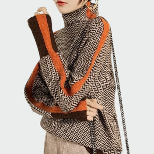 Madeline | Women Herringbone Pattern Turtleneck Sweater