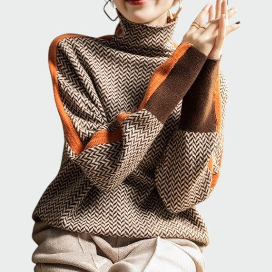 Madeline | Women Herringbone Pattern Turtleneck Sweater